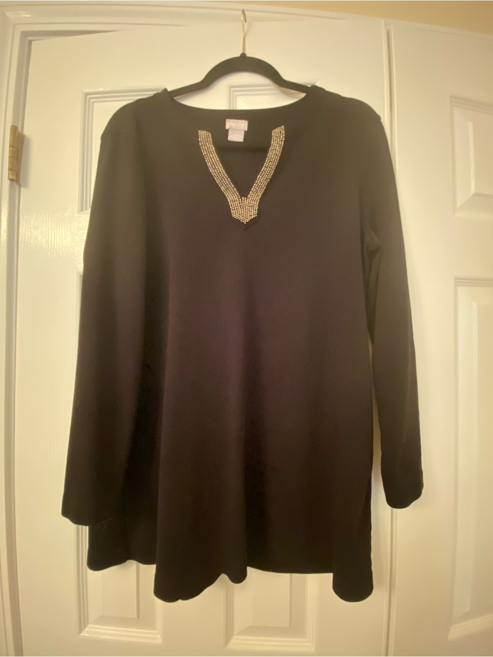 Chico's Black Tunic with Gold Beaded V-Neck Detail